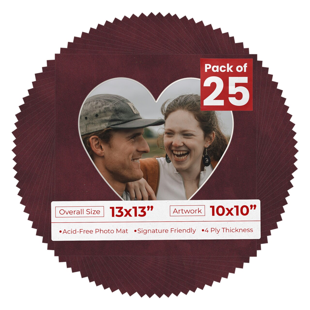 Dark Red Suede Mat Board for 13x13 Frames - Heart Opening for 10x10 Photos